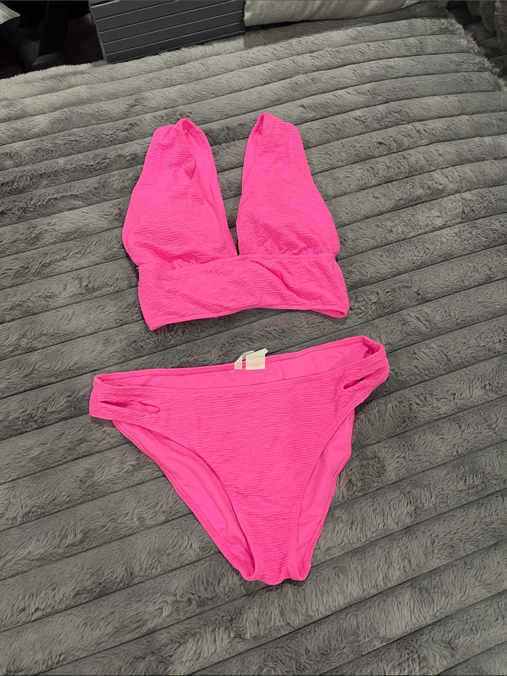 Bright Pink Textured Women’s Bikini Set - Two-Piece Swimwear
